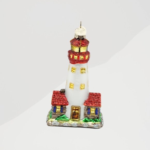 Old World Christmas OWC Lighthouse Ornament 2001 Blown Glass w/ Charm - Picture 3 of 6